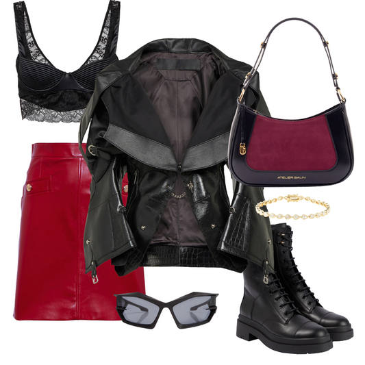 burgundy outfit with leather jacket